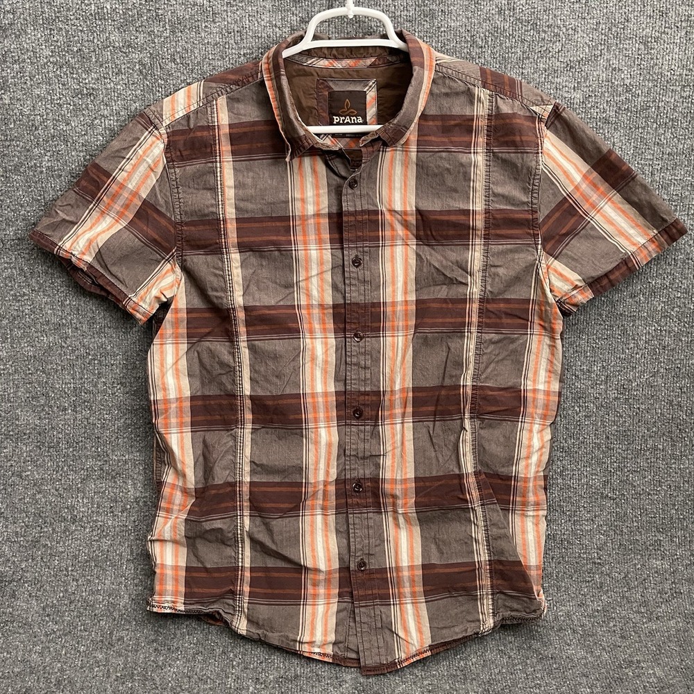 prAna Button Down Plaid Shirt Men Sz L Pocket Short Sleeve Brown